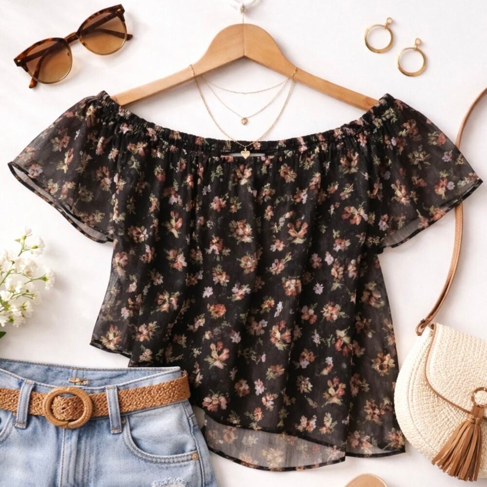 Bailey 44 Off Shoulder Blouse Sheer Floral Overlay Black XS